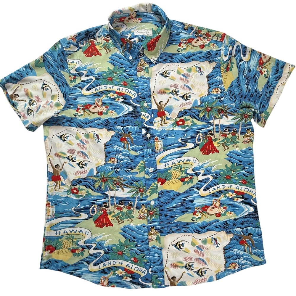 Cotton & Co Mens XL Land of Aloha Hawaiian‎ Shirt Blue Island Map Print Stretch